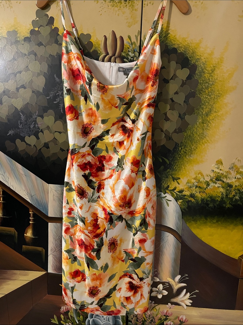 Love By Design Cream Floral Midi Slip Dress with Orange & Red Blooms